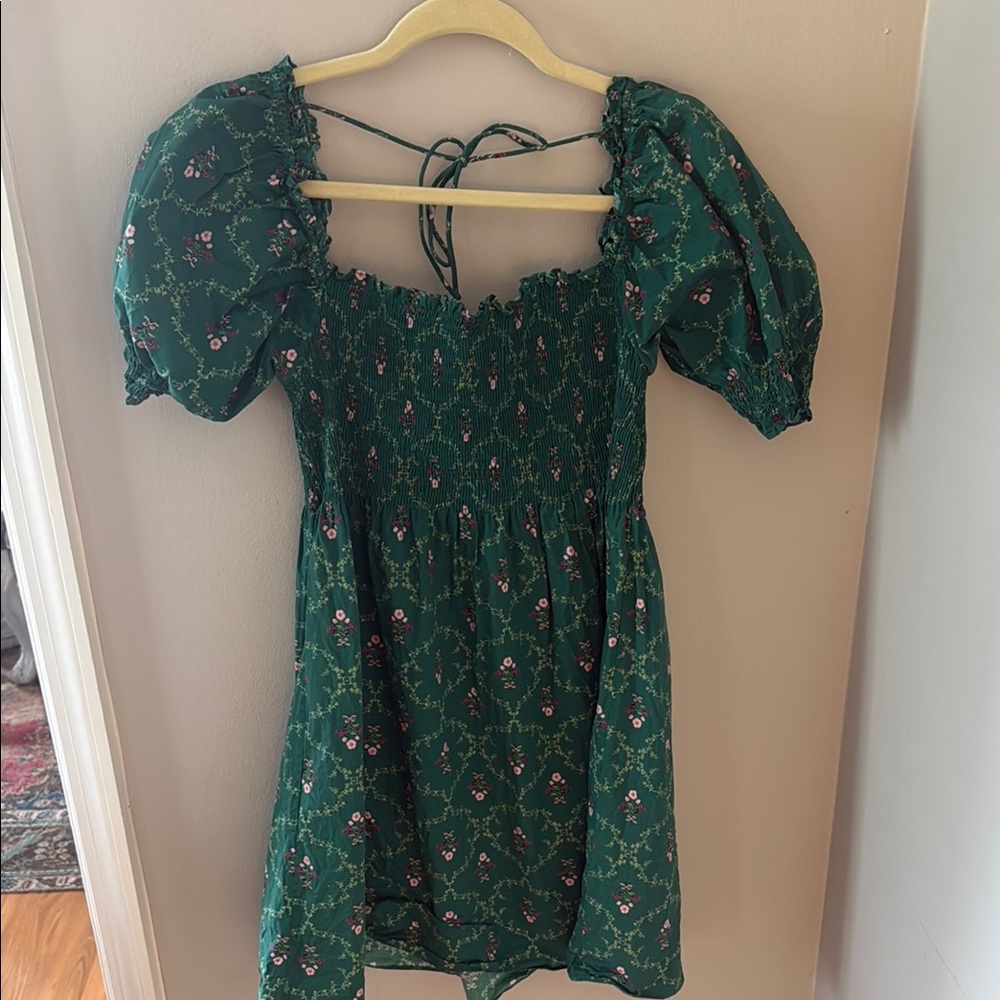 Hill House Forest Green Floral Smocked Mini Dress